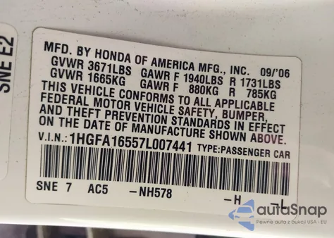 2007 Honda Civic Lx из США, поврежденный, VIN 1HGFA16557L007441